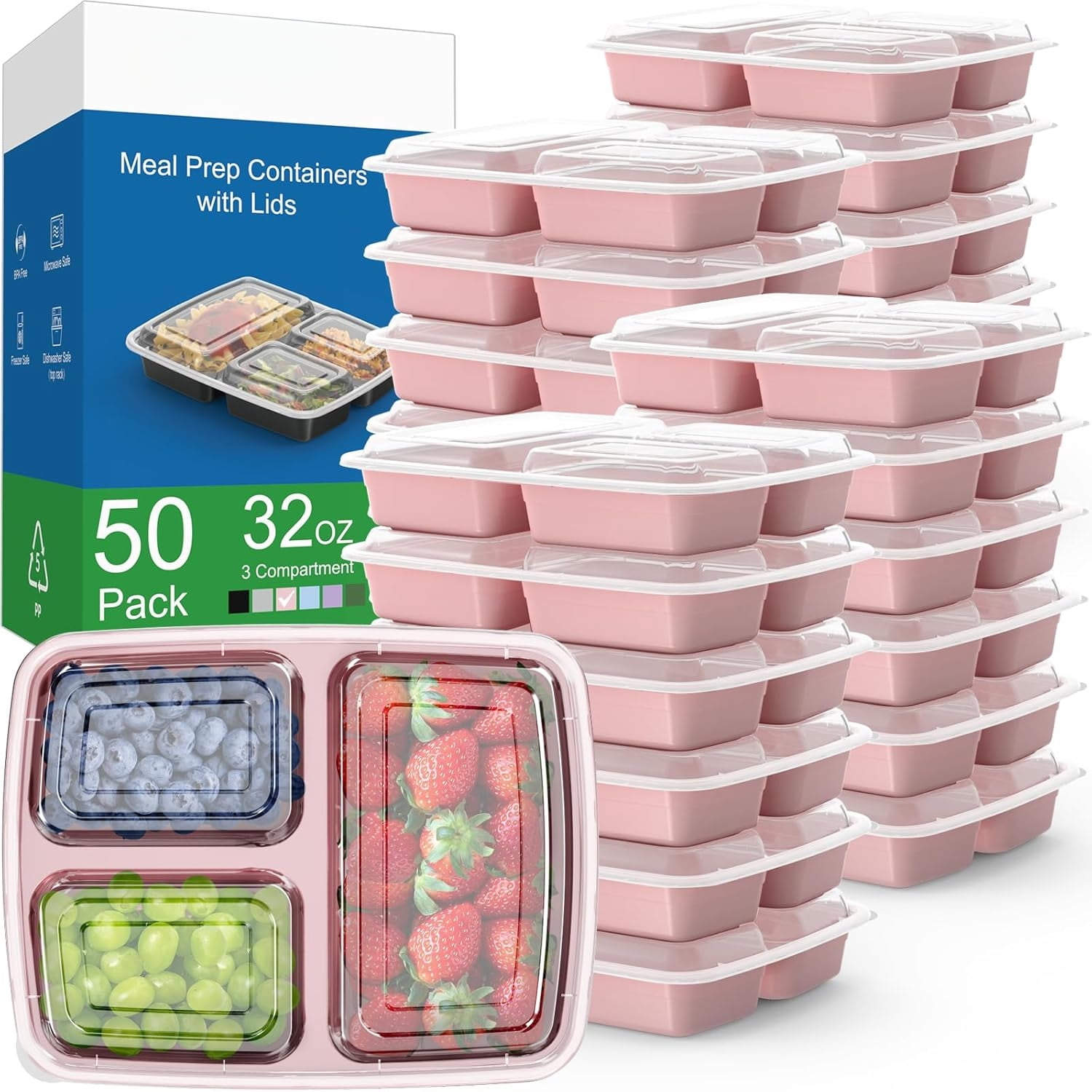 50 Pack (100-Piece) 32 oz Meal Prep Containers Reusable with Lids 3 ...
