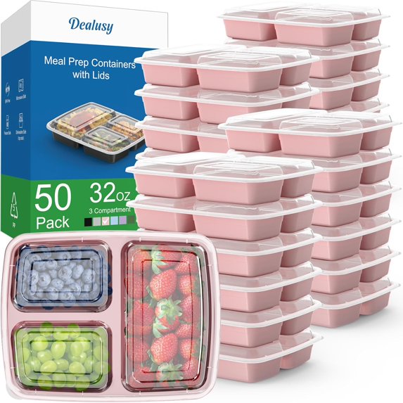 50 Pack (100-Piece) 32 oz Meal Prep Containers Reusable with Lids 3 ...
