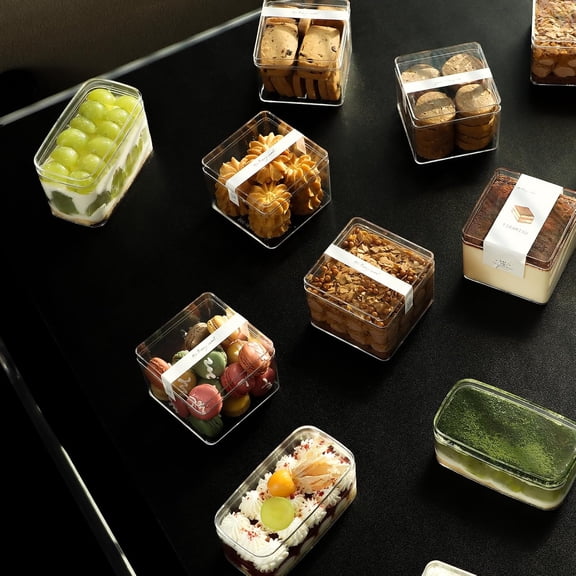 10OZ Rectangle Clear Plastic Cups with Lids and Sporks&Stickers Disposable Fruit Cups for Dessert,Tiramisu container with lid,Cupcake,Parfait,Pudding,Iced Cold Drinks,Fruits,Bakeries (50)