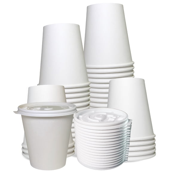 [50 Pack] 10oz White Disposable Paper Coffee Cups with White Flat Lids - For Hot, Cold Drink, Coffee, Tea, Cocoa, Travel, Office, Home, Cider, Hot Chocolate, To go, Compostable, Biodegradable