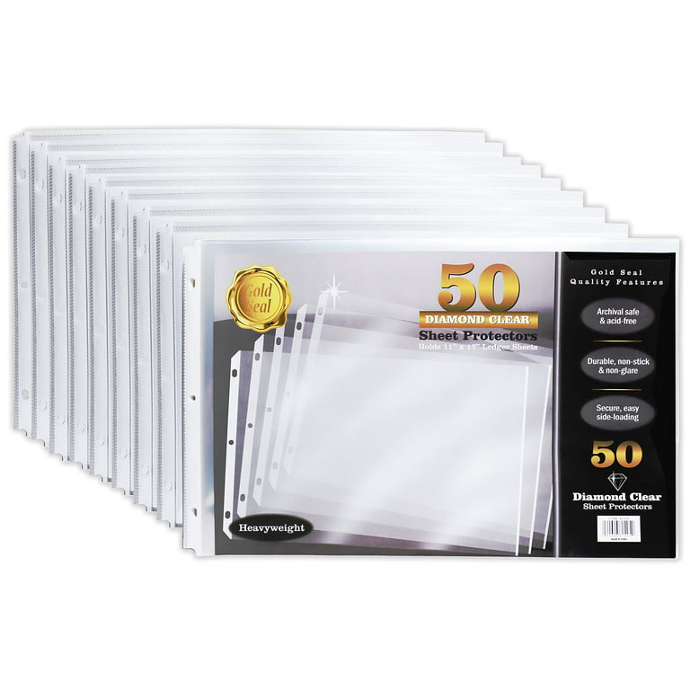 50 Pack 11x17 inch Heavyweight Diamond Clear Sheet Protectors, Side Loading, Ledger Sheet Protectors, by Gold Seal, 3-Hole Punched