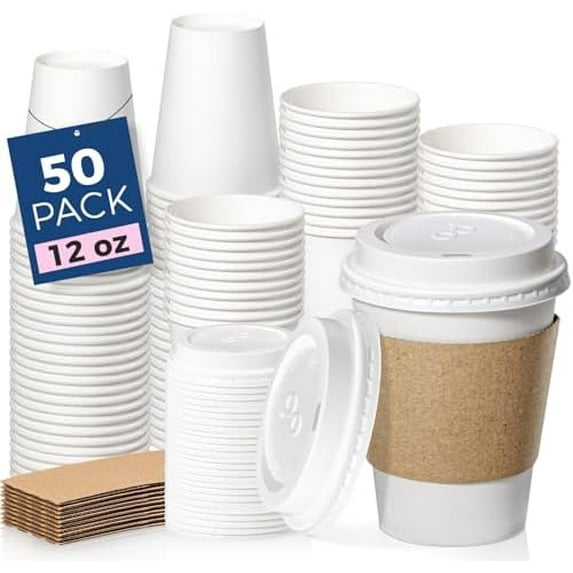 50 Pack 12 oz Disposable Coffee Cups with Lids, Sleeves, Leak-Proof To Go Coffee Cups with Lids, Durable Hot Paper Cups for Home, Office, Party, Business