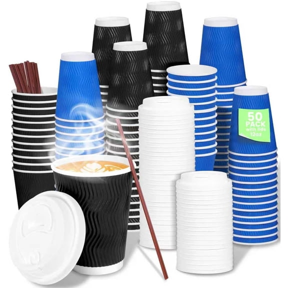 50 Pack 12 oz Disposable Paper Coffee Cups with Lids Straws for Coffee, Water, Juice, or Tea, Black and Blue Hot Paper Cups for Home, Restaurant, Store, and Cafe