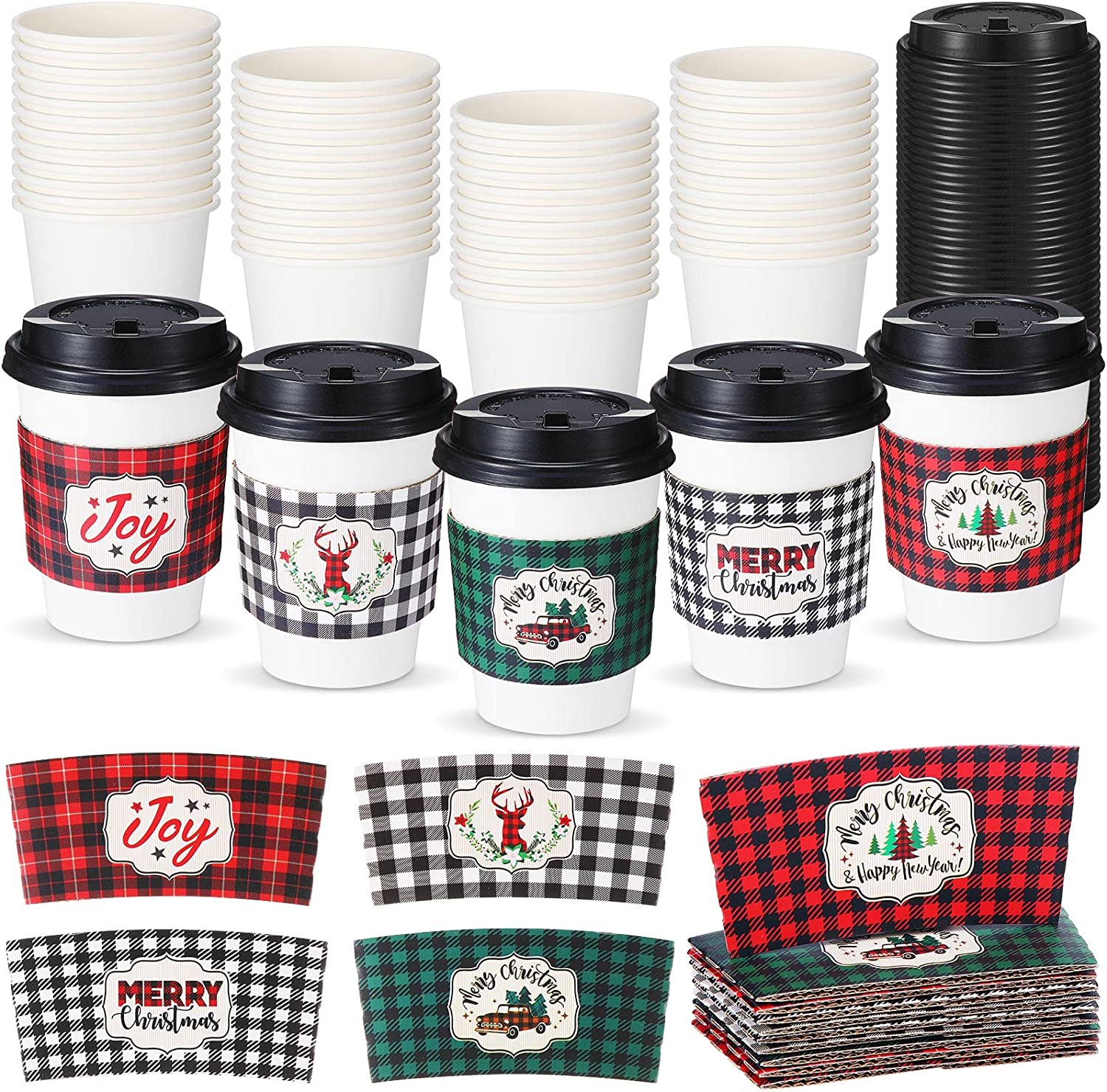 50 Pack 12 oz Festive Christmas Disposable Coffee Cups with Lids