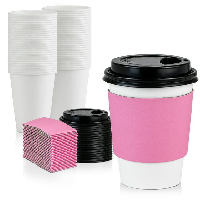 [50 Pack] 12 Oz Paper Coffee Cups With Lids And Pink Sleeves