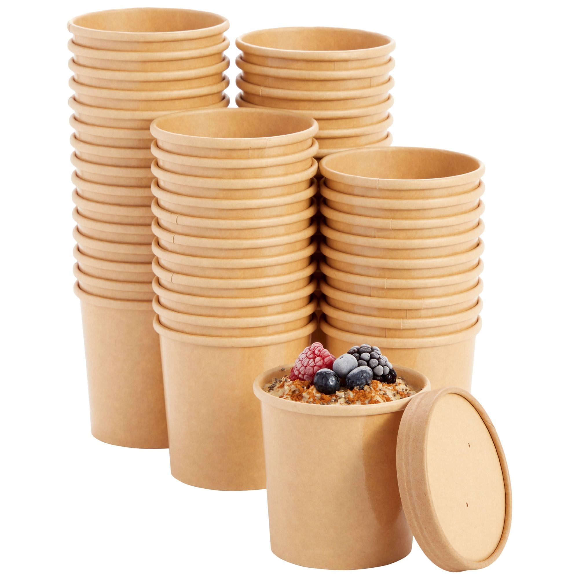50-Pack 12 oz To Go Soup Containers with Lids, Disposable Paper Bowls with Vented Lids, Cups for Ice Cream, Dessert, Frozen Yogurt, Oatmeal (Brown)