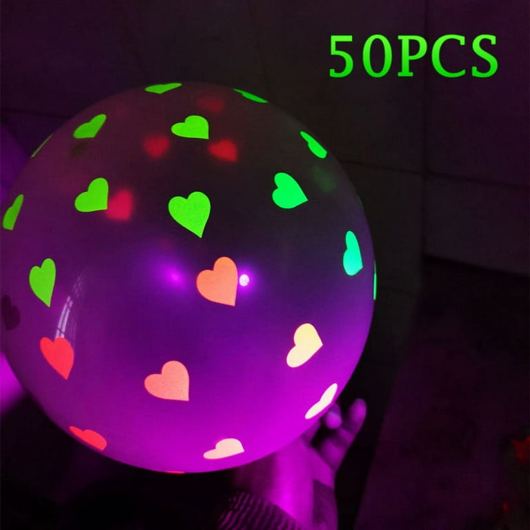 50 Pack 12inch Neon Glow Party Balloons UV Blacklight Reactive Latex Glow Balloons for Blacklight Party Birthday Wedding, Heart Pattern
