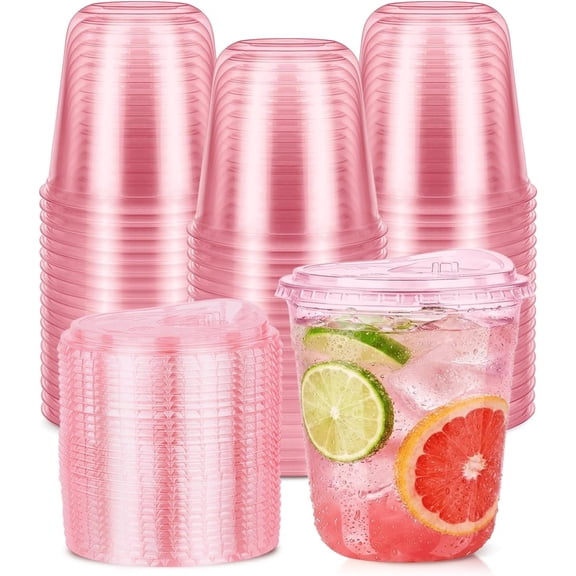 50 Pack 12oz Plastic Cups with Sip , Disposable Iced Coffee Cup with Lid, Round Bottom Party Cups for Valentine's Galentine's Bachelorette Holiday Parties