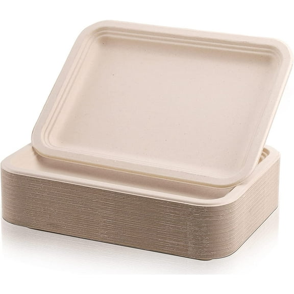 50 Pack 14 Inch Biodegradable Paper Plates, Rectangle Compostable Disposable Food Trays 100% Heavy-Duty Sugarcane Bagasse Paper Platter for Seafood, BBQ, Picnic, Party