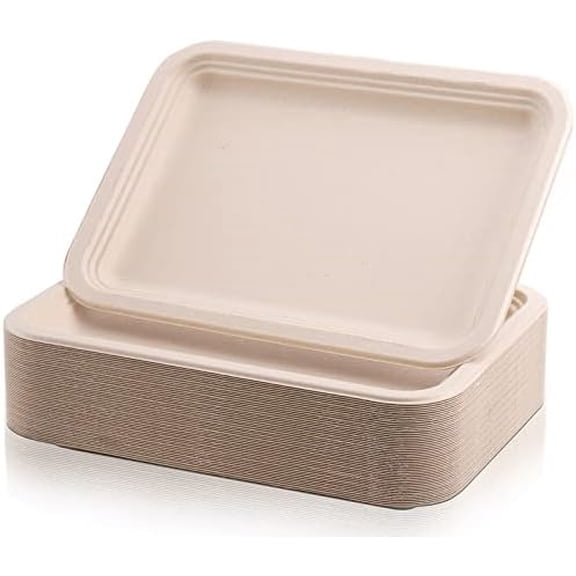 50 Pack 14 Inch Biodegradable Paper Plates, Rectangle Compostable Disposable Food Trays 100% Heavy-Duty Sugarcane Bagasse Paper Platter for Seafood, BBQ, Picnic, Party