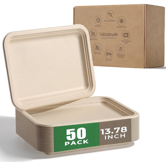 50 Pack 14 Inch Disposable Compostable Sugarcane Platters - Heavy-Duty Large Eco-Friendly for Crawfish, Lobster, Seafood Party