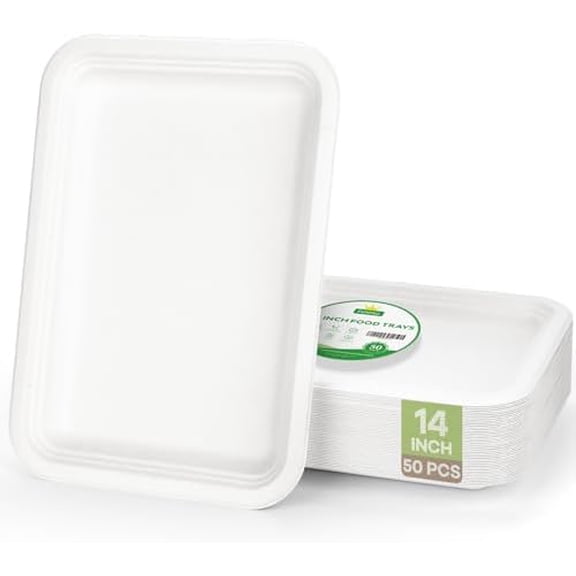 50 Pack 14 Inch Disposable Food Trays, Compostable Large Paper Plates Heavy Duty Biodegradable Sugarcane Platters for Crawfish, Lobster, BBQ Seafood,Party and Holiday -White
