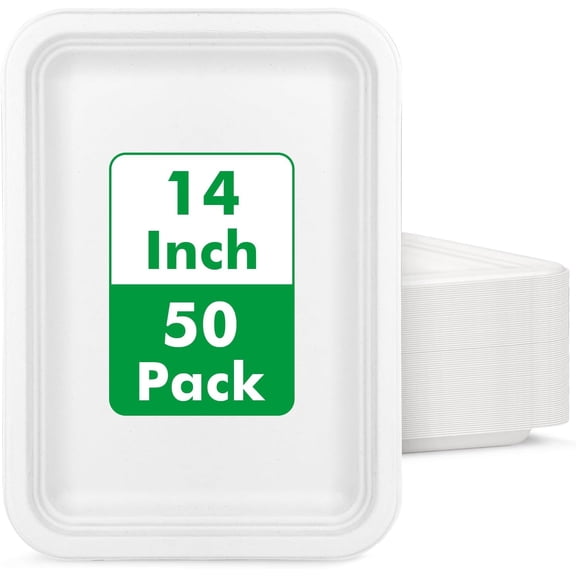 50 Pack 14 Inch Disposable Food Trays, Heavy Duty Large Paper Plates for Serving Food, Compostable Platters for Crawfish Lobster Seafood Boil BBQ Party, White Rectangle Plates