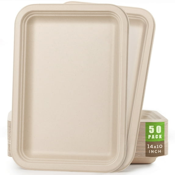 50 Pack 14-inch Disposable Food Serving Trays Heavy-Duty Compostable Sugarcane Platters Large Paper Plates for Crawfish Serving