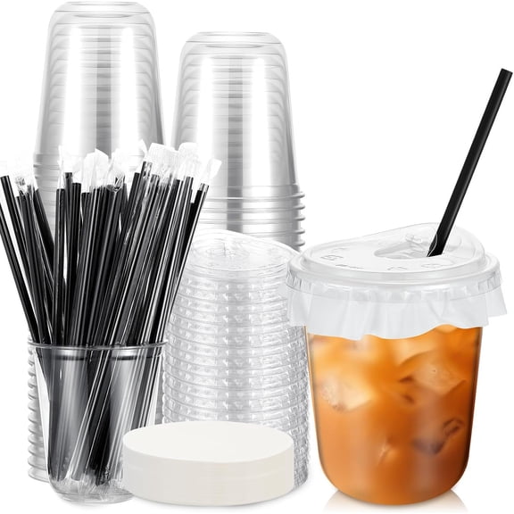 50 Pack 14 oz Clear Plastic Cups with and Straws, Includes Paper Lid Liners, Disposable Iced Coffee Cups with for Coffee Smoothie, Milkshake, Cold Drinks (black)