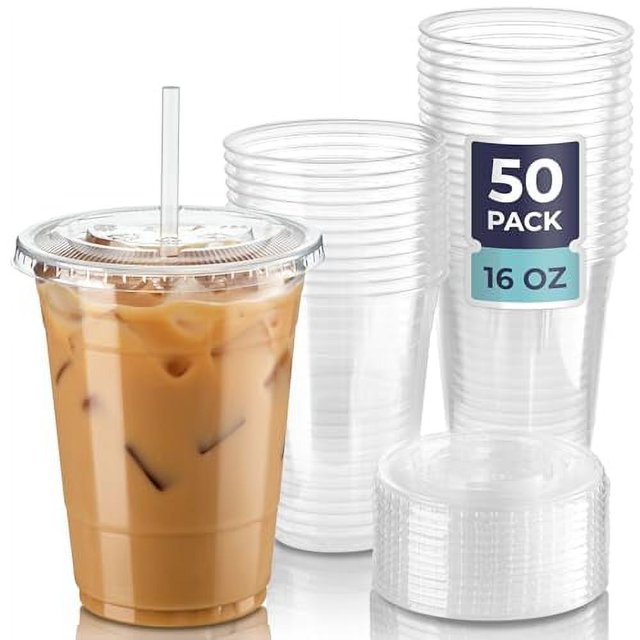 [50 Pack] 16 oz Clear Plastic Cups with Flat Lids, Disposable Iced