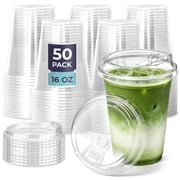 Fit Meal Prep 16 oz Clear Plastic Cups with Strawless Sip Lids, Disposable Cups for Iced Coffee, Smoothies, Cold Drinks and Parties, 50 pack