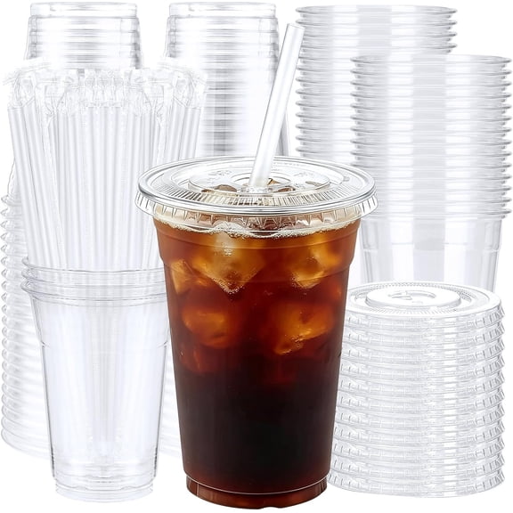 50 Pack 16 oz Clear Plastic Cups with  and Straws, [Snap-Lock Leak-Proof] Disposable Iced Coffee Cups for Smoothies, Bubble  and Cold Drinks,   Plastic Tumblers