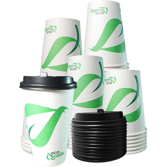 [50 Pack] 16 oz Compostable Paper Cups with Black Dome Lids - Biodegradable Disposable White Paper Coffee Cups PLA Lined - Eco-friendly Hot and Cold Drinking Cups