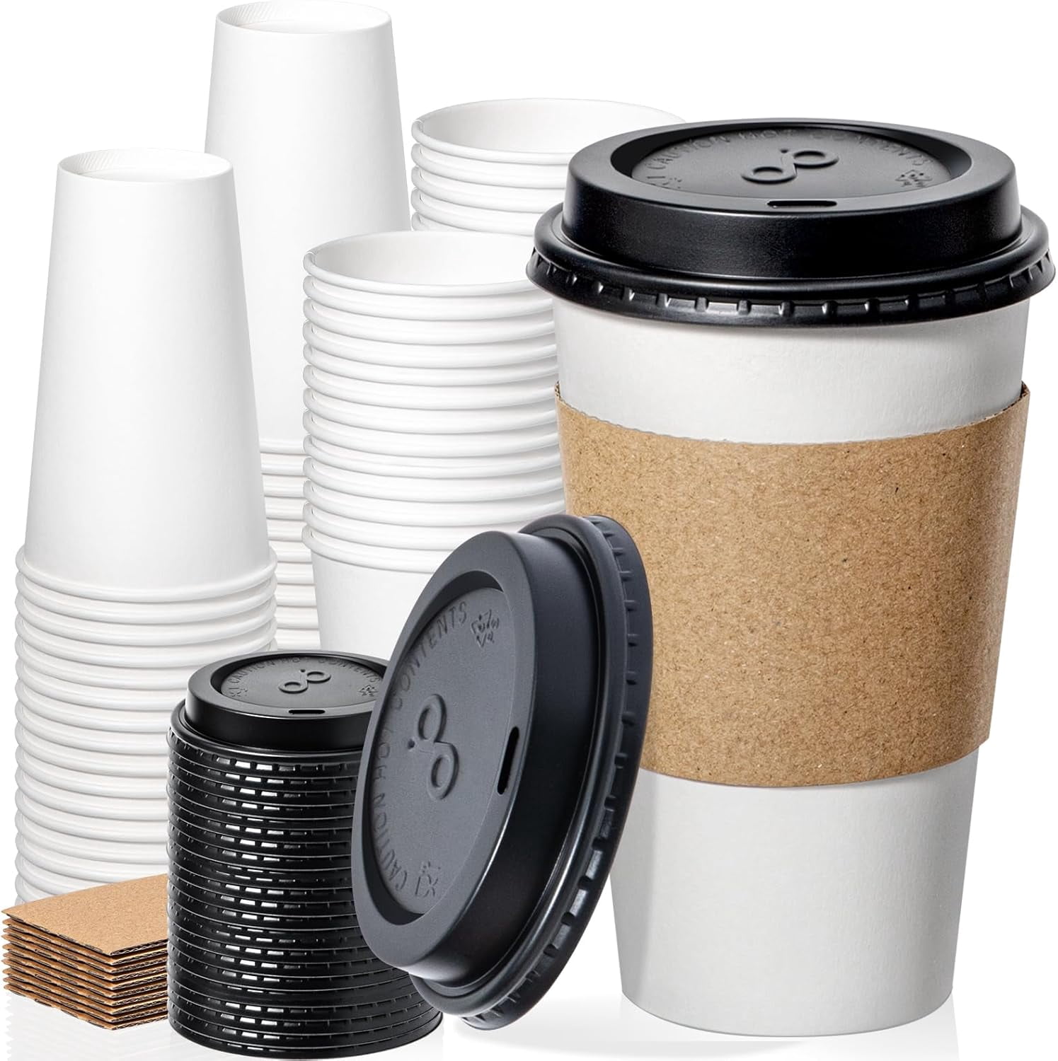 50 Pack 16 oz Disposable Coffee Cups with Lids, Sleeves, Leak-Proof To ...