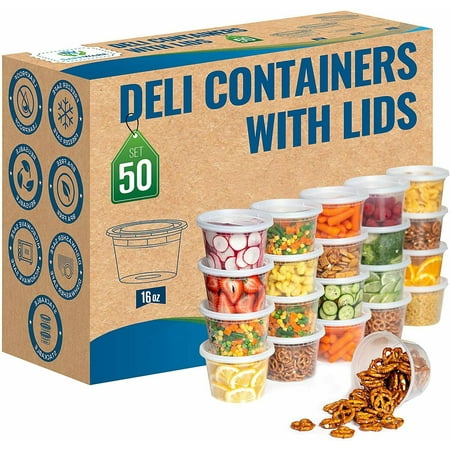 50 Pack 16 oz Durable Deli Food/Soup Plastic Containers w/ Lids and Airtight