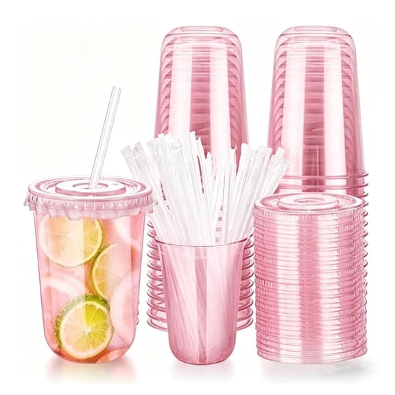 50-Pack 16 oz Pink Plastic Cups with Lids and Straws, Disposable To-Go Drinking Cups