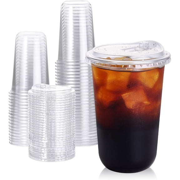50 Pack - 16 oz Round Bottom Clear Plastic Cups with Strawless Sip - Lids, Disposable To Go Coffee Cups with Sippy Lids for Iced Coffee, Cold Drinks and Beverages