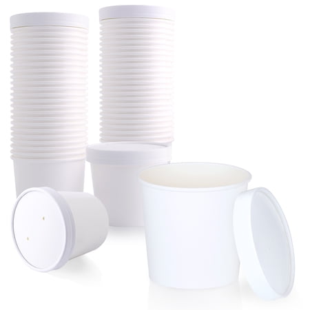 [50 Pack] 16 oz White Paper Food Cup with Vented Lid - Disposable Kraft Ice Cream Bucket, Rolled Rim Storage, Hot Cold Dish To Go Packaging Soup Cups Ramen Stews Salad Frozen Dessert Yogurt Container
