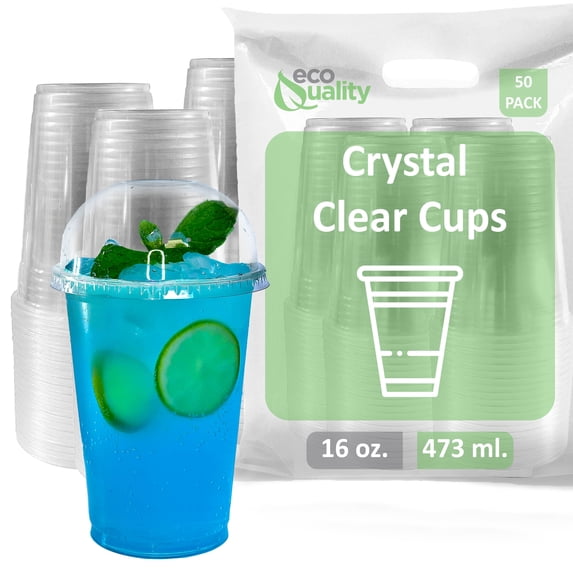 EcoQuality 16 Oz Clear PET Plastic Cups With Dome Lids, 50 Pack