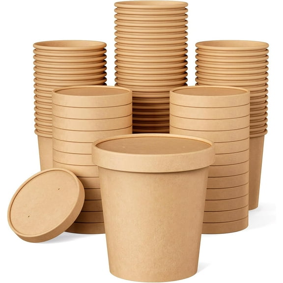 50 Pack 16oz Paper Soup Containers with Lids Brown