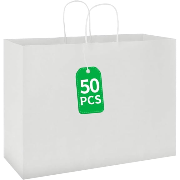 50 Pack 16x6x12 Inches Large White Paper Bags with Handles Bulk for Shopping Wedding Grocery Retail Merchandise Business Craft Bags(50 Count)