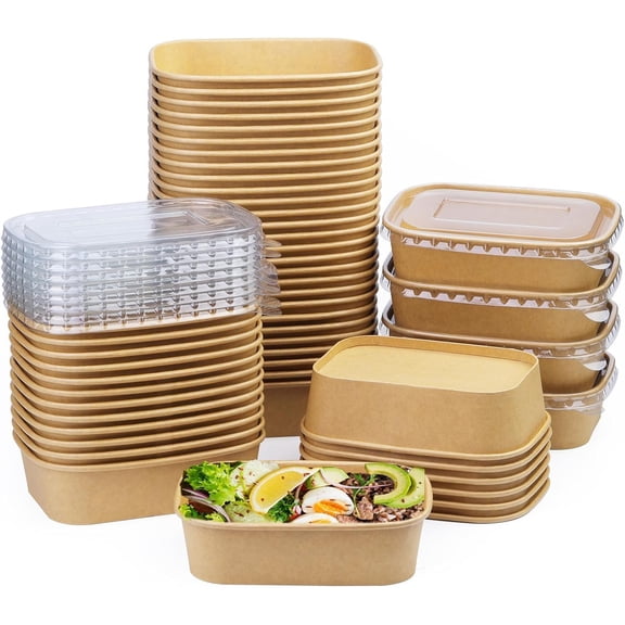 50 Pack 19 oz Paper Bowls, Disposable Food Containers with Lids, Rectangular Disposable Bowls, Disposable Salad Bowls with Lids for Diet Salad, Ice Cream, Yogurt, Party Food