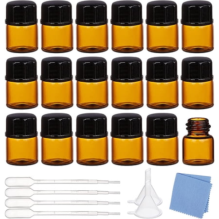 50 Pack 1ml Mini Amber Glass Essential Oil Sample Bottle Refillable Glass Orifice Bottle with Pipettes Funnels Hoppers and Cloth for Essential Oils Aromatherapy Fragrance