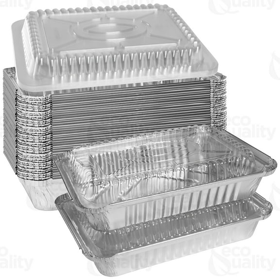 [50 Pack] 2.5LB Oblong Take Out Foil Baking Pans with Dome Lids Shallow - 788 Aluminum Pan for Baking, Roasting, Potluck, Reheating, Catering, Party, BBQ, Baking by EcoQuality