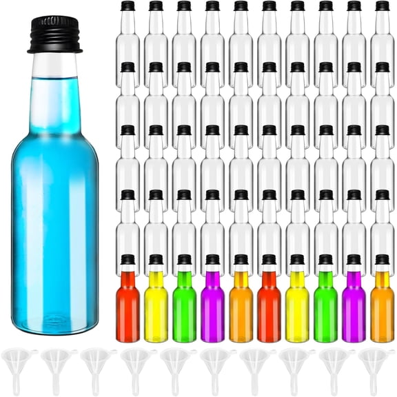 50 Pack 2 oz Mini Liquor Bottles,Plastic Alcohol Shot Bottles | Black Cap,Airtight Plastic Spirit Bottle with 10 Funnels,Weddings,Party Supplies