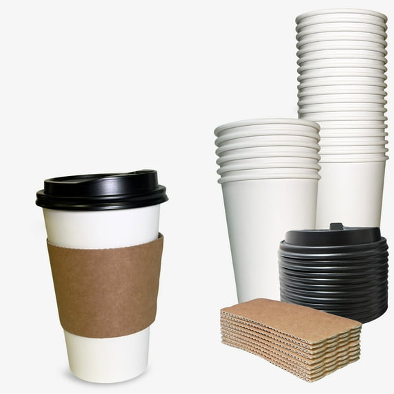 50 Pack - 20 oz Disposable White Paper Coffee Cups with Black Dome Lids and Protective Corrugated Cup Sleeves - Perfect Disposable Travel Mug for Home, Office, Coffee Shop, Travel, Tea