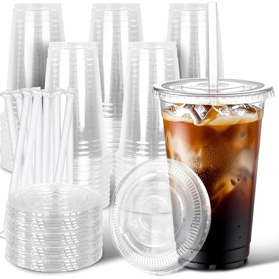 50 Pack 20 oz Plastic Iced Coffee Cups with Lids and Straws, Clear Disposable To Go Cups for Coffee, Cold Drinks, Smoothie and Coffee Bar Accessories