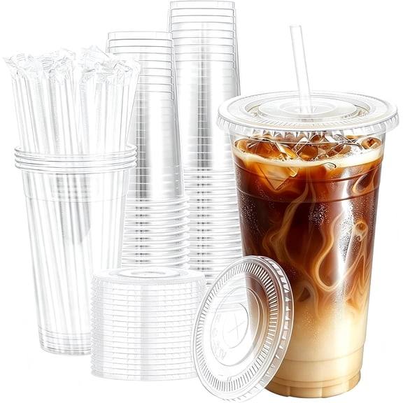 50 Pack 24 oz Clear Disposable Plastic Cups with Lids and Straws, Leak Proof To Go Iced Coffee Cups for Cold Drinks, Smoothies, Milkshakes, Boba Tea