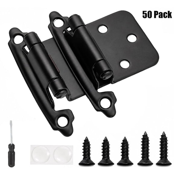 50 Pack (25 Pairs) 1/2" Overlay (Variable) Cabinet Hinges, Self Closing Bath & Kitchen & Garage Hinges Black Concealed FaceMount w/Door Bumpers & Upgraded Screws
