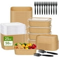 thumbnail image 1 of SITIEDAN 50-Count 25oz Kraft Paper Rectangular Disposable Paper Bowls, Disposable Food Containers with Lids and Forks, Bowls with Lids for Salad, 1 of 9