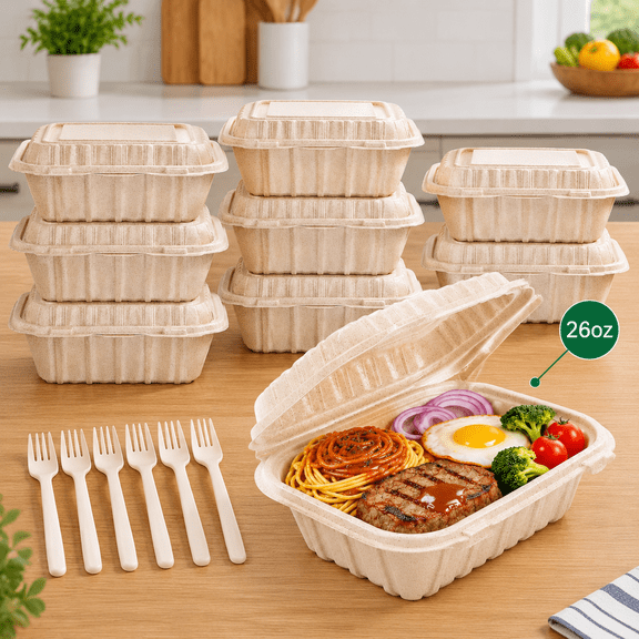 50 Pack 26oz Rice Husk Clamshell Food Containers with Lids and Forks, Compostable & Biodegradable, Microwave & Freezer Safe, Disposable Meal Prep & Take Out Boxes for Restaurant, Home
