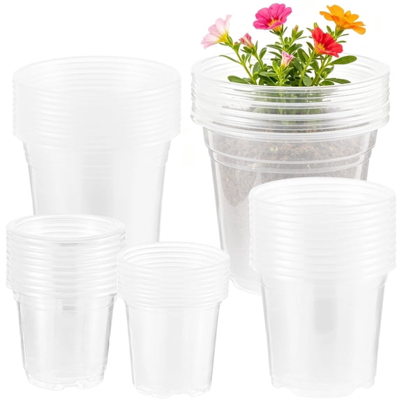 50 Pack 3/4/5/6/7 Inch Clear Nursery Pots with Drainage Holes, Thickened Transparent Plastic Plant Pots, Starter Potting Containers for Observing Root Growth, Indoor & Outdoor Use