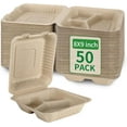thumbnail image 1 of 50 Pack 3 Compartment Compostable 8x9 Inch Takeout Lunch Box Containers with Lid To Go Take Out Clamshell for Food, Disposable Eco-Friendly Biodegradable Bagasse, PFAS-Free, Brown, 1 of 7