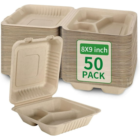 50 Pack 3 Compartment Compostable 8x9 Inch Takeout Lunch Box Containers with Lid To Go Take Out Clamshell for Food, Disposable Eco-Friendly Biodegradable Bagasse, PFAS-Free, Brown