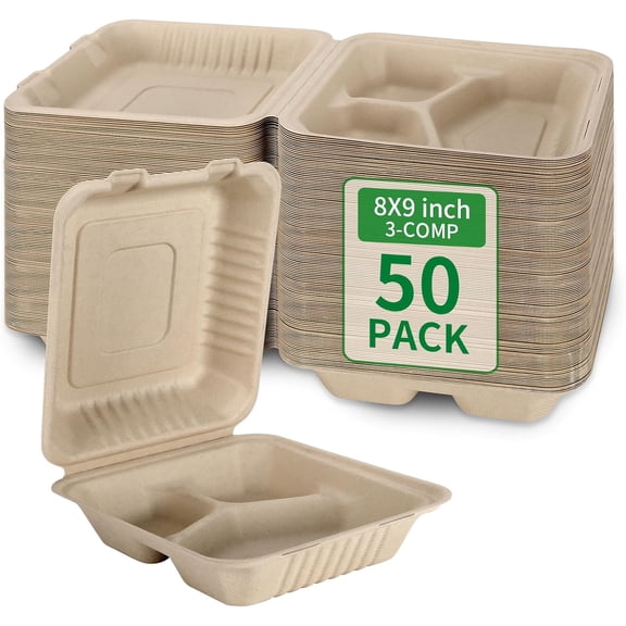50 Pack 3 Compartment Compostable 8x9 Inch Takeout Lunch Box Containers with Lid To Go Take Out Clamshell for Food, Disposable Eco-Friendly Biodegradable Bagasse, PFAS-Free, Brown