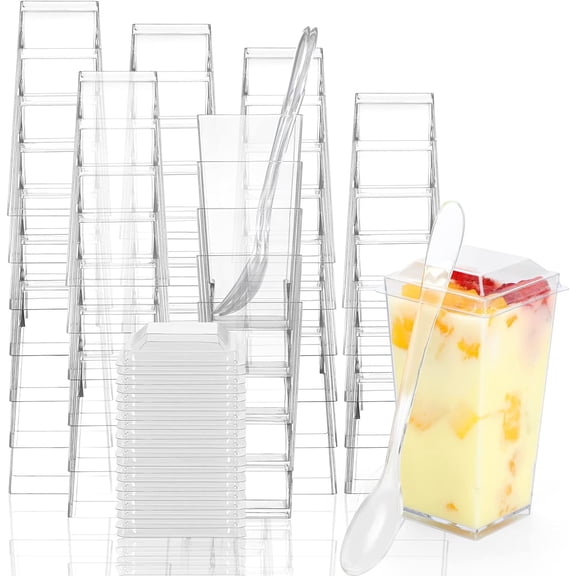 50 Pack 3 oz Clear Square Mini Dessert Cups with Lids and Spoons, Plastic Dessert Shooter Cups for Pudding, Parfait, Appetizers, Party Treats, Small Portion Containers