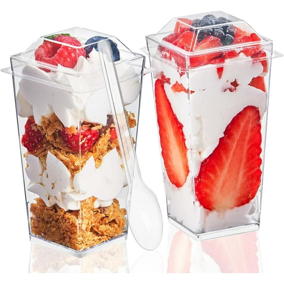 50 Pack 3 oz Square Mini Dessert Cups with Lids and Spoons Clear Plastic Dessert Shooter Cups for for Party, Yogurt, Parfait, Cheesecake, Pudding, Jello and Appetizers