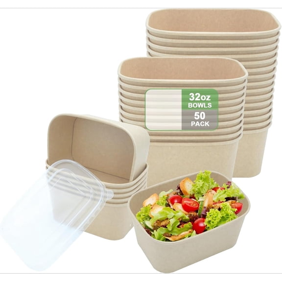 50-Pack 32 oz Heavy Duty Compostable Paper Bowls with Lids - Soak Proof & Microwave Safe Disposable Containers for Takeout