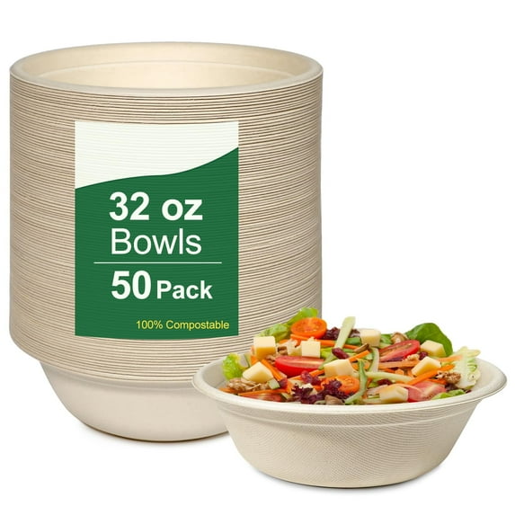 50 Pack 32oz Paper Bowls Heavy-Duty,Disposable Bowls for Hot Soup,Biodegradable Compostable Bagasse Paper Bowls