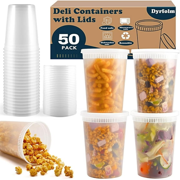 50 Pack 32oz Plastic Food Storage Containers, Leakproof Clear Soup Containers With Airtight Lids, Heavy-Duty Deli Containers, Stackable, Freezer, Dishwasher, Microwave Safe
